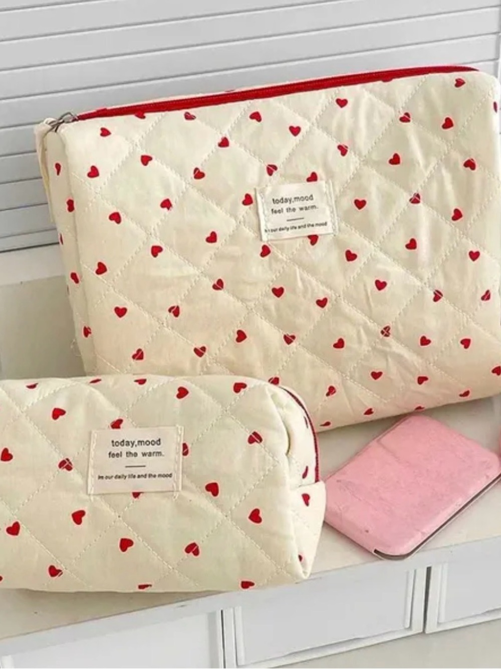 Cream Quilted Heart Cosmetic Pouch Set with Red Hearts